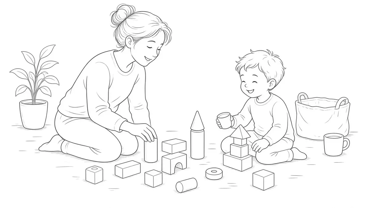 Illustrazione a china: un'educatrice e un bambino giocano sul pavimento con mattoncini, tazze e oggetti di uso quotidiano