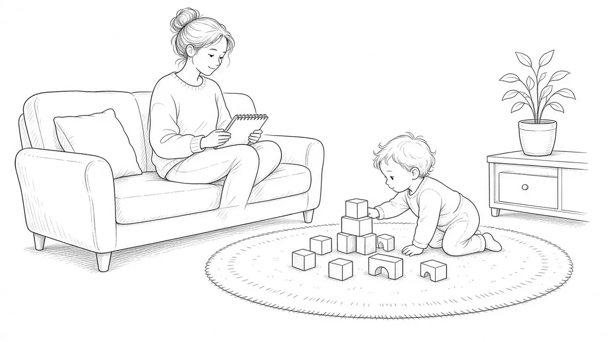 Illustrazione a china: un genitore seduto con un quaderno osserva con calma il proprio bambino che gioca sul tappeto