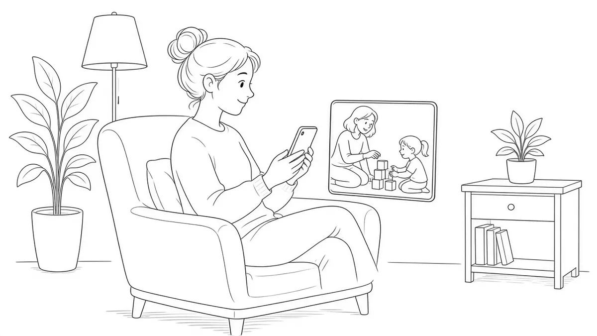 Illustrazione a china: un genitore in sala d'attesa segue la sessione dal proprio smartphone