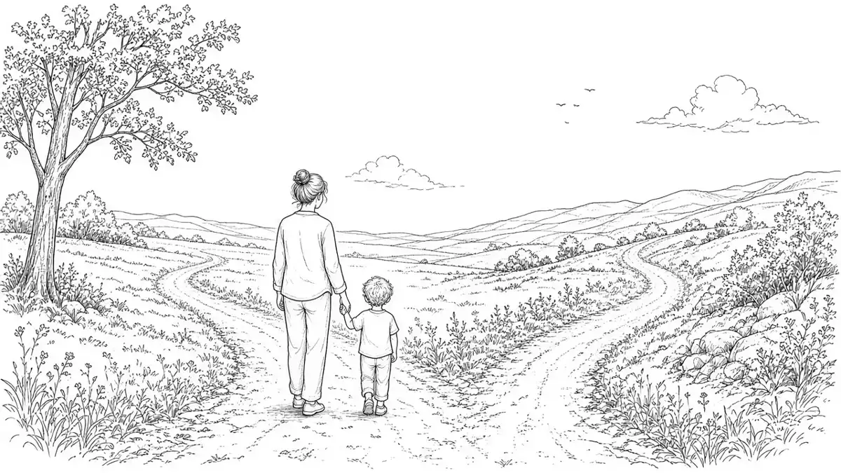 Illustrazione a china: due sentieri che si separano davanti a un genitore con il bambino per mano