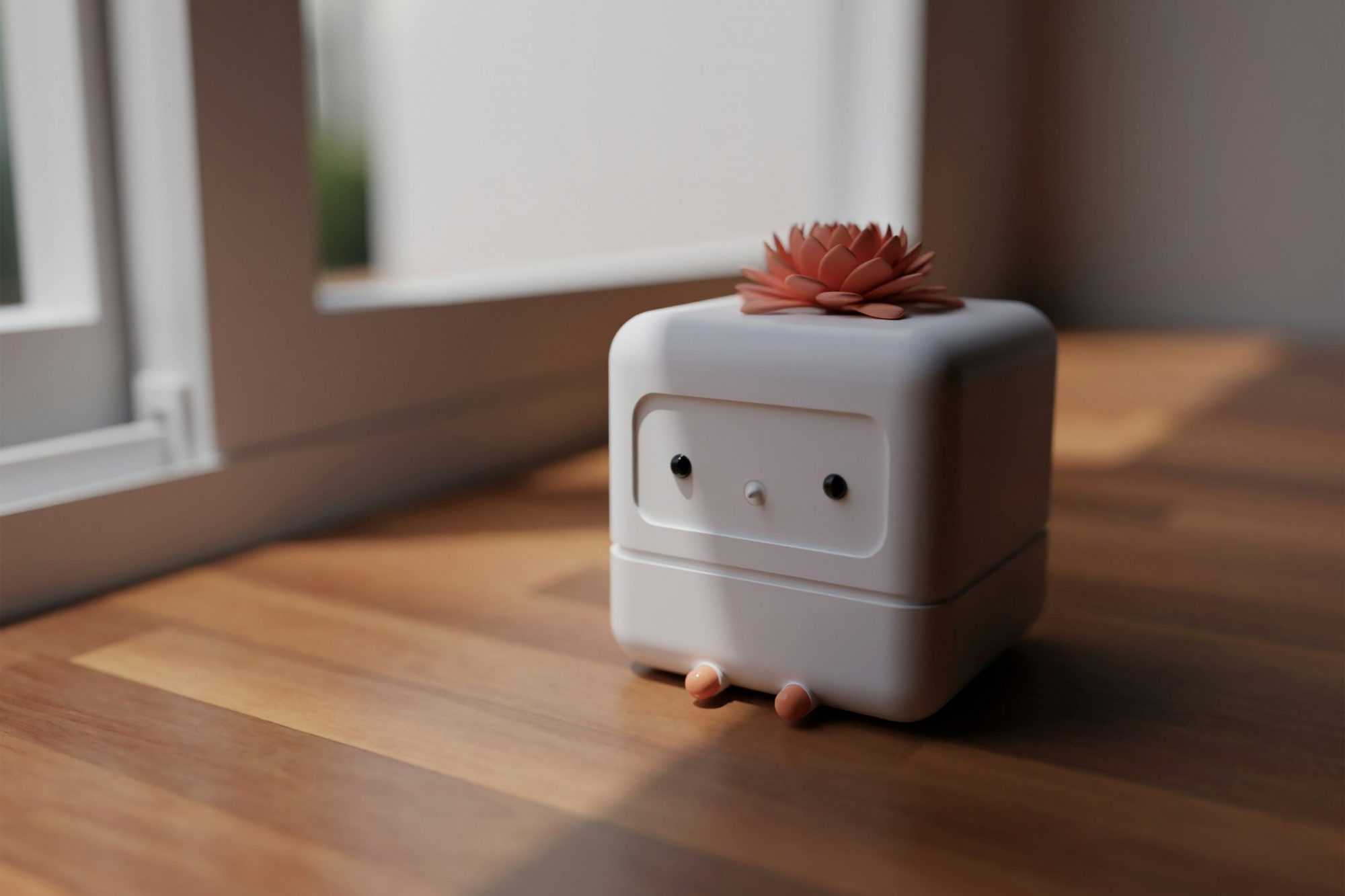 Un piccolo robot bianco a forma di cubo, con due occhi e un fiore sulla testa, appoggiato su un pavimento di legno vicino a una finestra