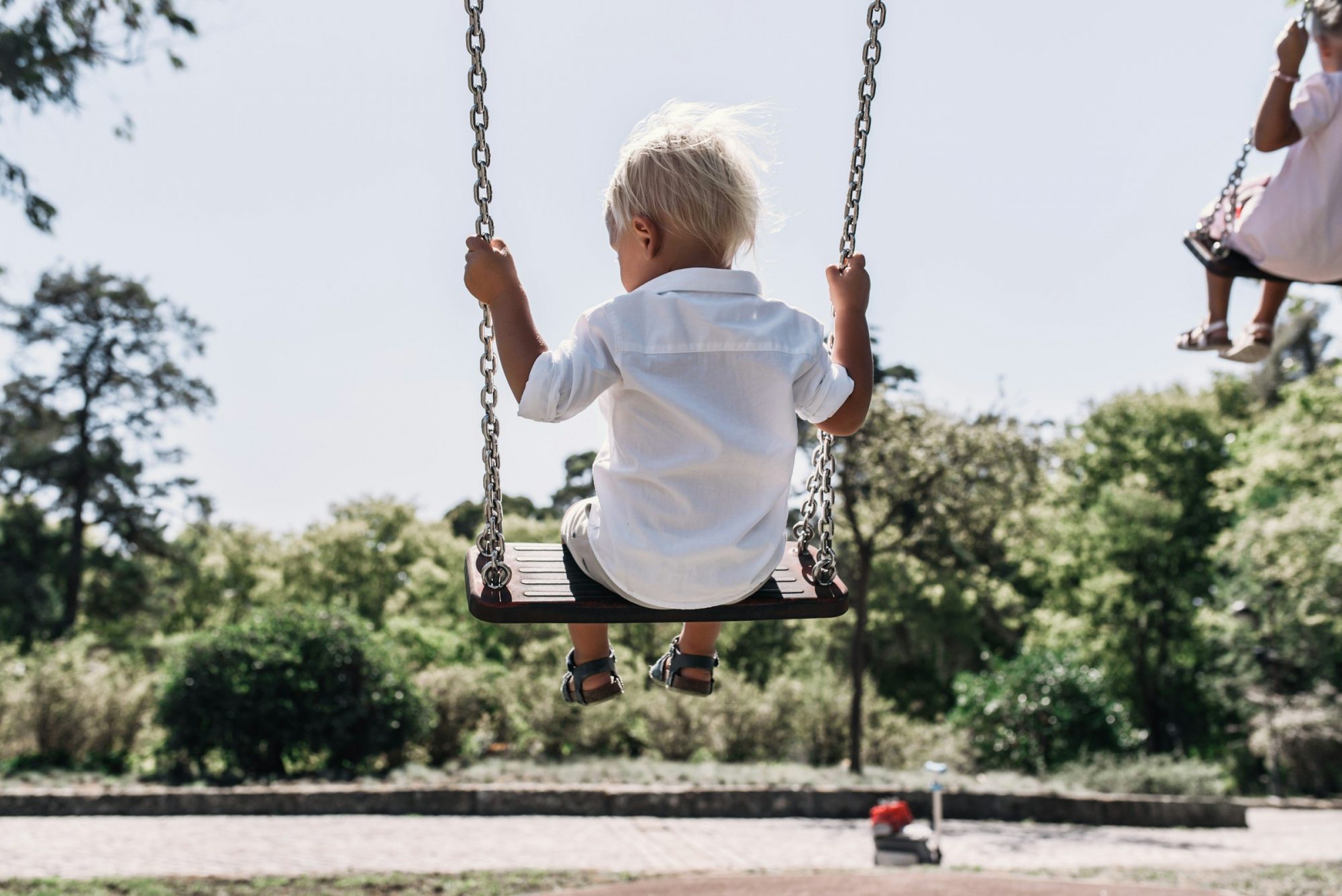 Un bambino visto di spalle si dondola su un'altalena all'aperto, tra alberi verdi.