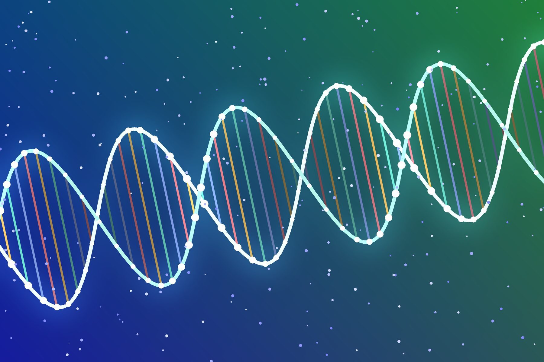 Illustrazione astratta di una doppia elica di DNA luminosa su sfondo blu e verde, con pioli colorati