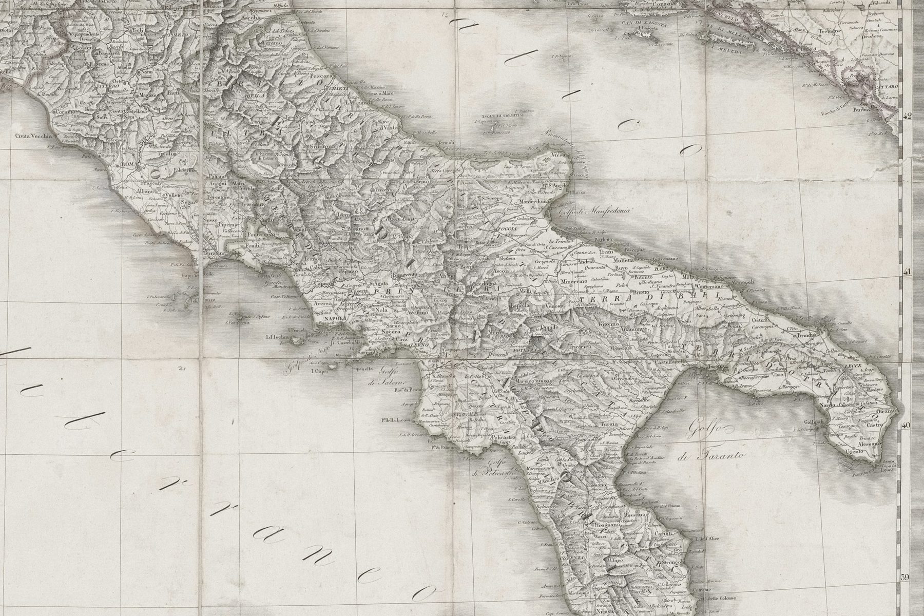 Particolare di un'antica carta geografica dell'Italia meridionale, con la Puglia e il golfo di Taranto