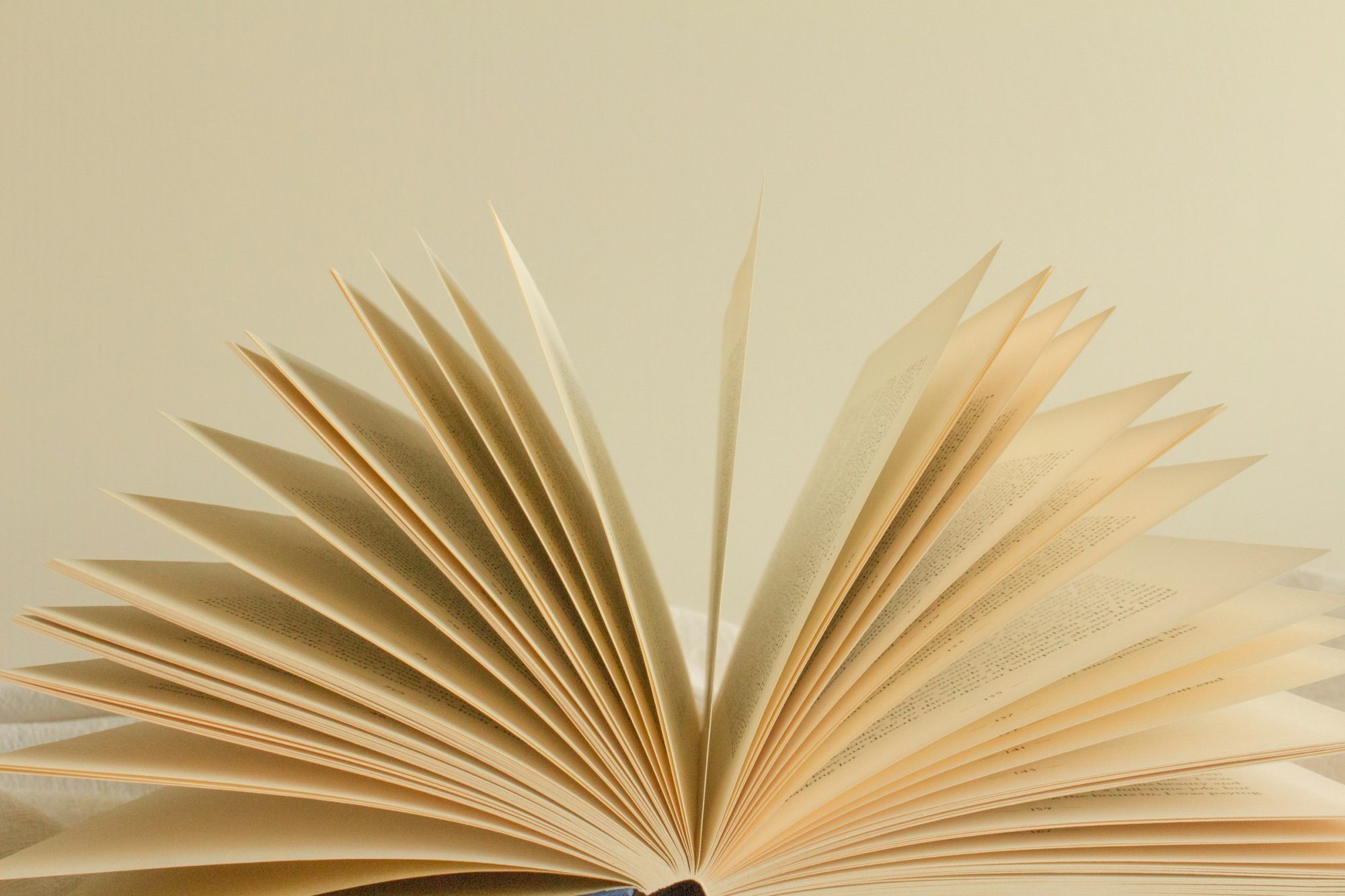 Un libro aperto con le pagine a ventaglio su uno sfondo chiaro e caldo.