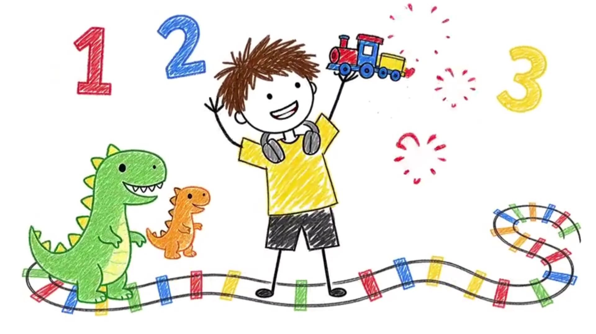 Disegno a pastello dal cartone: un bambino con la maglietta gialla e le cuffie al collo sorride con un trenino in mano, tra dinosauri, numeri colorati e binari