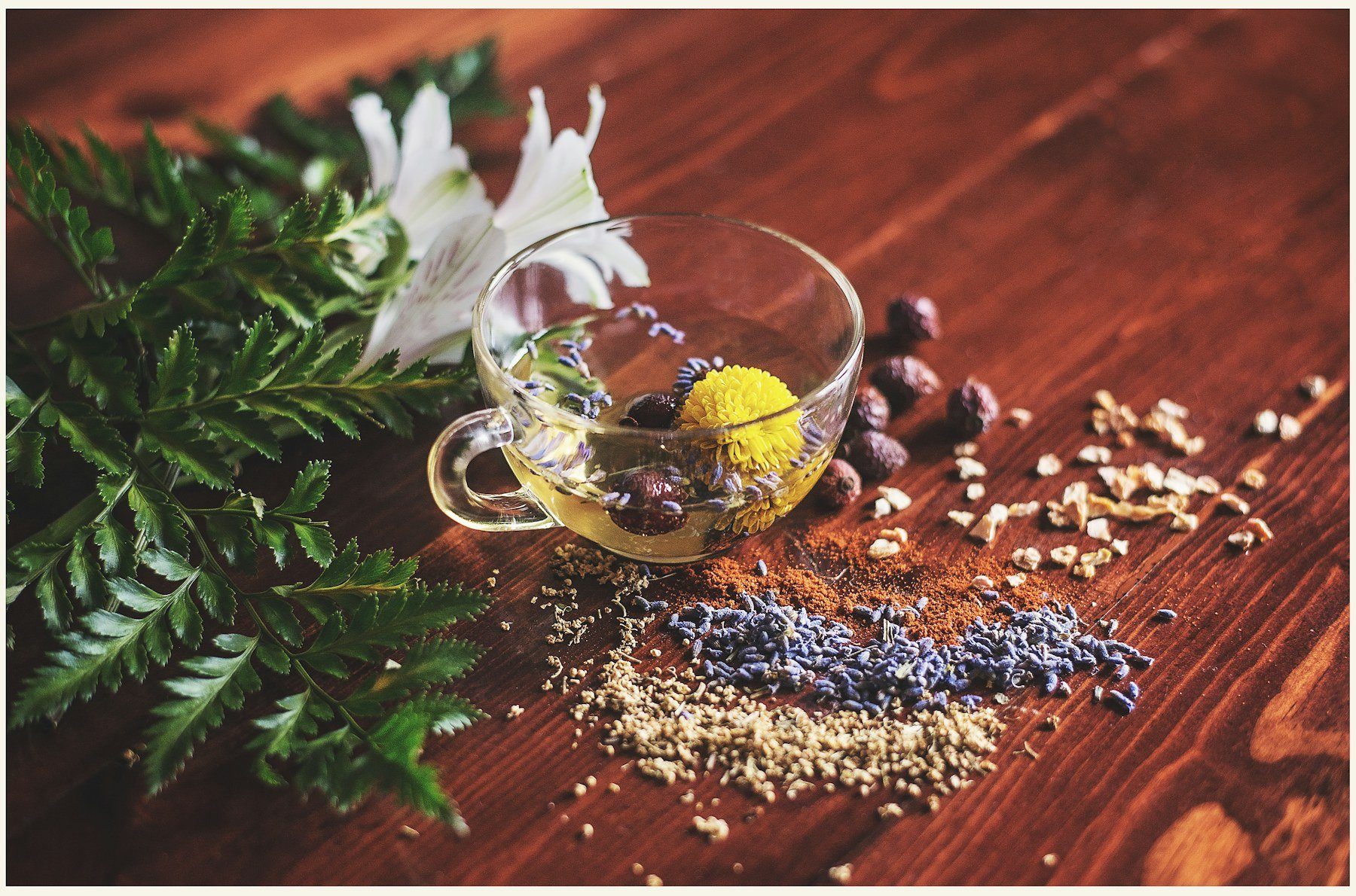 Una tazza di vetro con una tisana su un tavolo di legno, tra foglie verdi, fiori e semi