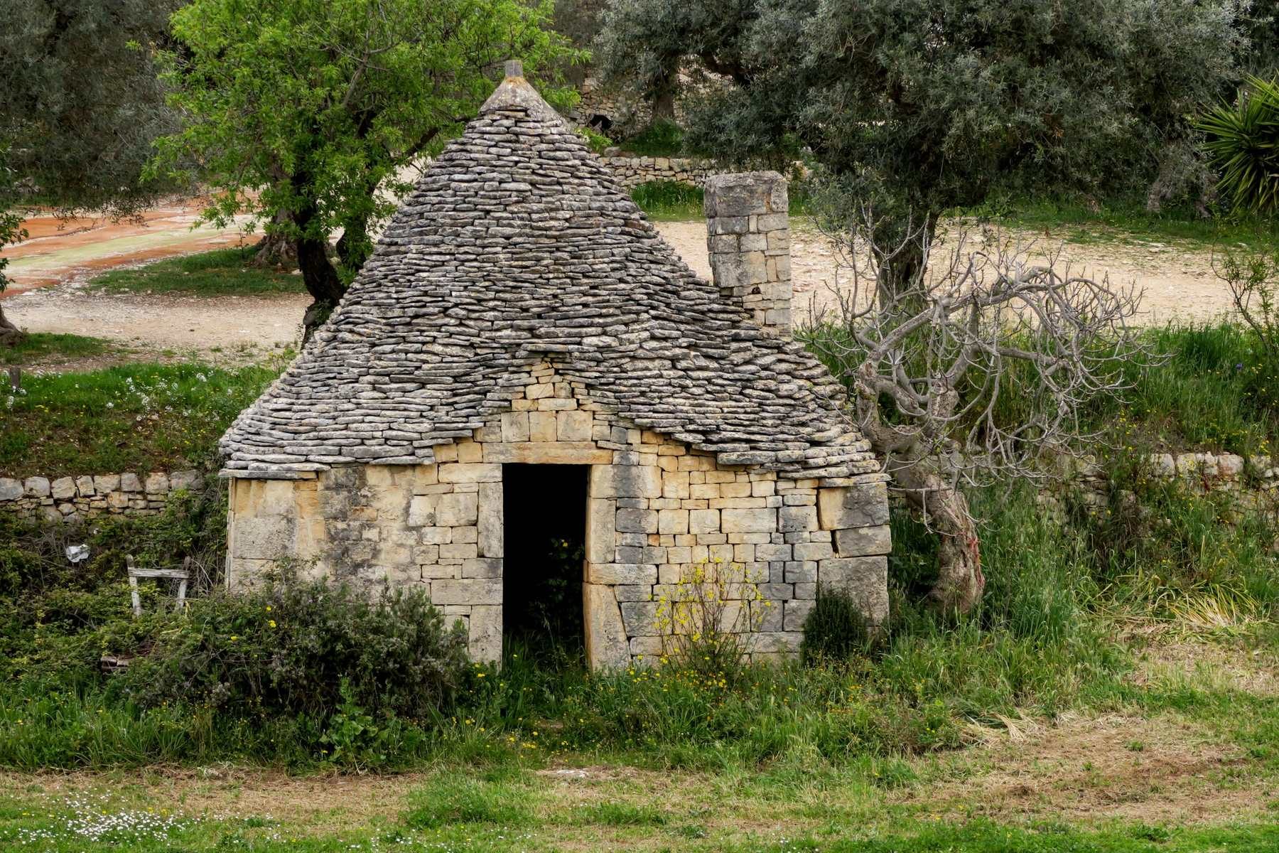 Trullo in pietra a secco tra ulivi e muretti nella campagna di Alberobello, in provincia di Bari, un paesaggio rurale pugliese che non è Modugno (foto scattata ad Alberobello)