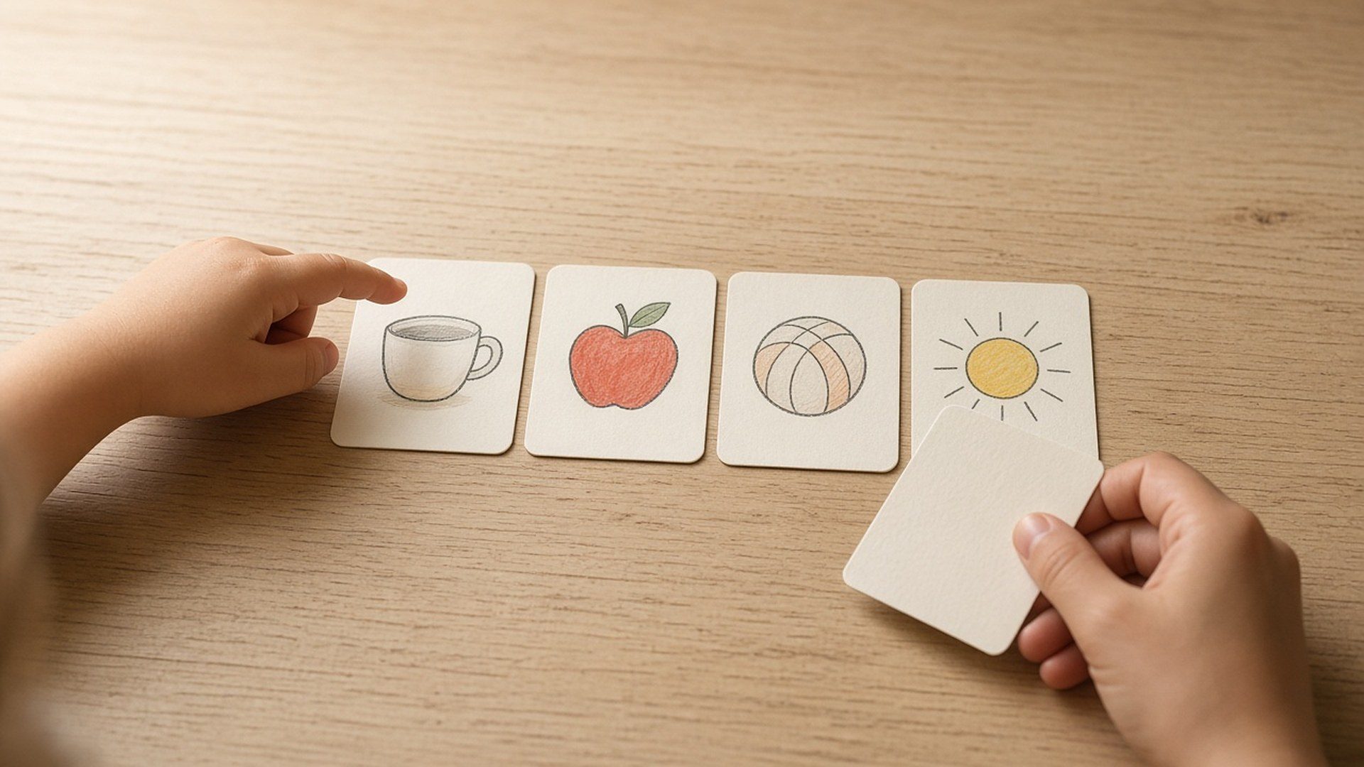 La mano di un bambino indica una fila di carte illustrate con una tazza, una mela, una palla e un sole, mentre un adulto tiene un'altra carta.